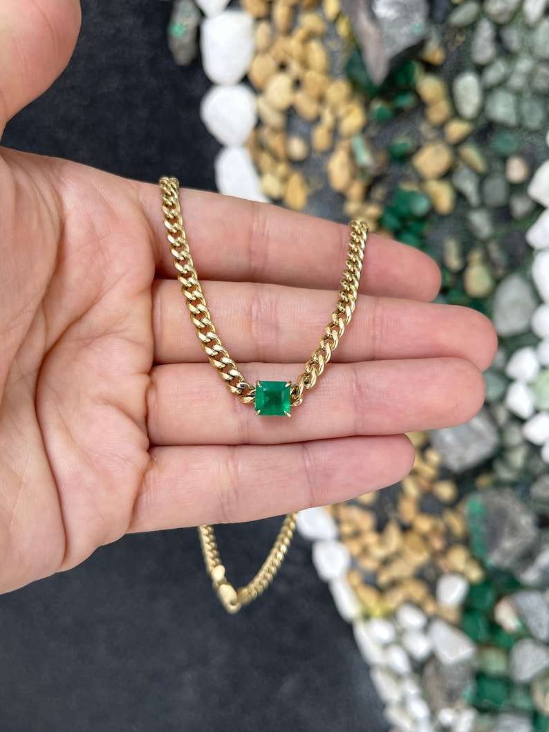 1.84ct 14K Gold Asscher Cut Cuban Link Curb Chain Emerald Chocker Necklace - JR Colombian Emeralds