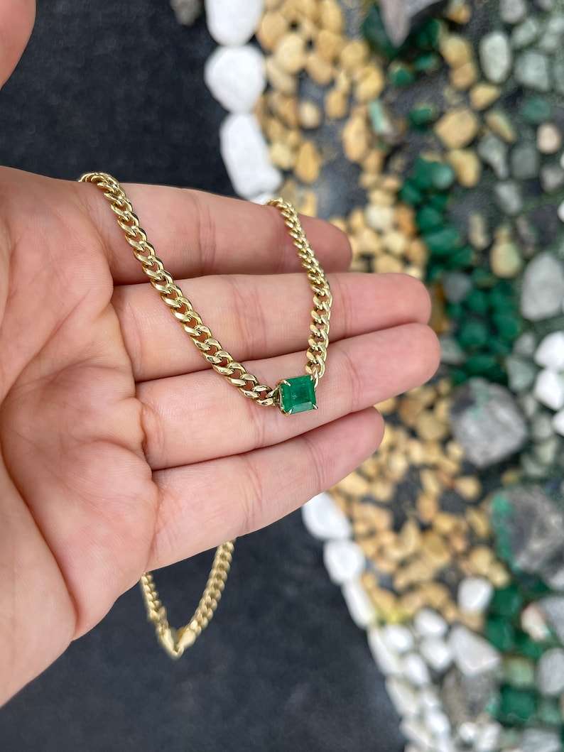 1.84ct 14K Gold Asscher Cut Cuban Link Curb Chain Emerald Chocker Necklace - JR Colombian Emeralds