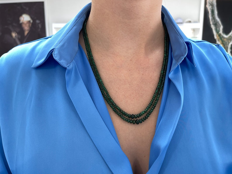 14K Gold Double Strand Necklace with 118+ Carat Dark Green Rondelle Emerald Beads, 22" Length