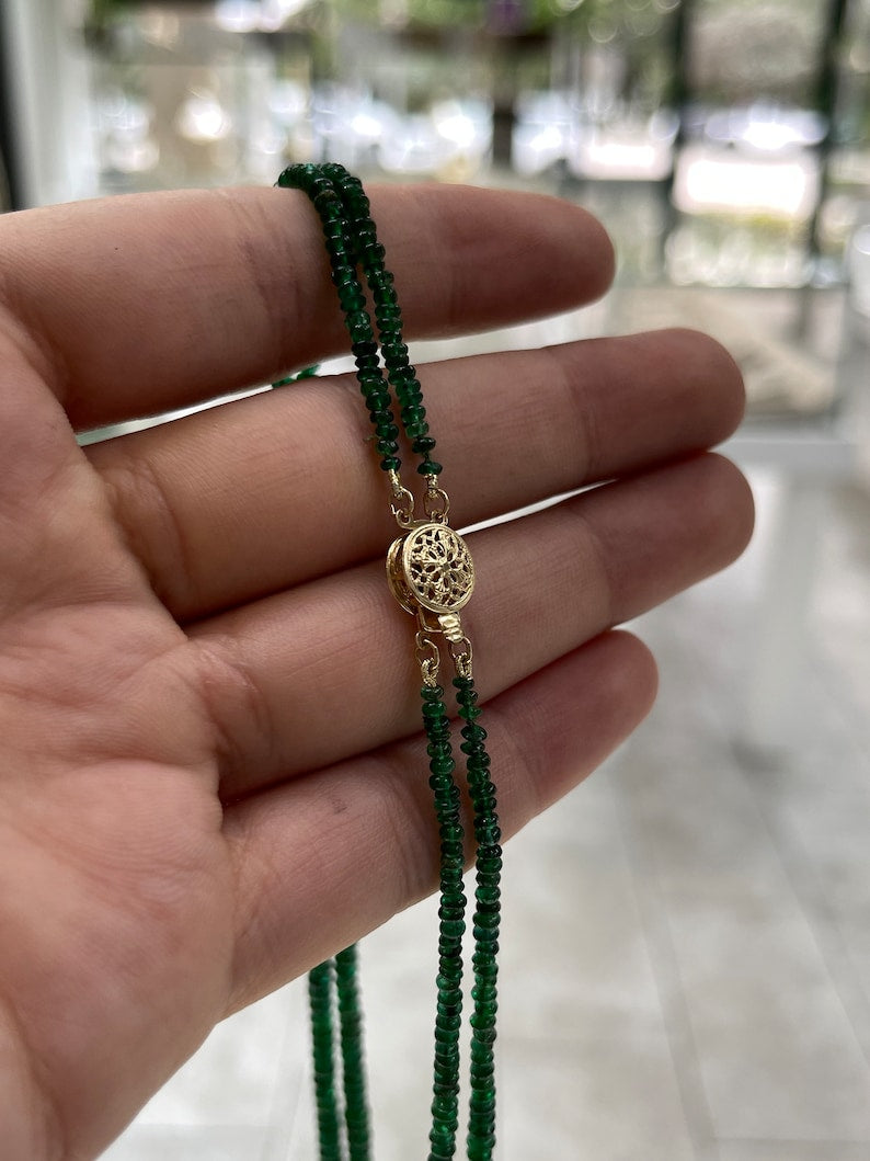 118+ Carat 14K 22 inch Dark Green Rondelle Emerald Bead 2 Strand Necklace - JR Colombian Emeralds