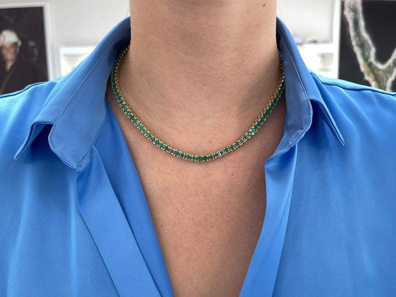 20tcw 14K 17-inches Princess Cut Emerald Tennis Necklace - JR Colombian Emeralds