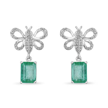 14K Gold Butterfly Earrings with 4.10 Total Carat Weight of Lush Green Emeralds and Pave Diamonds