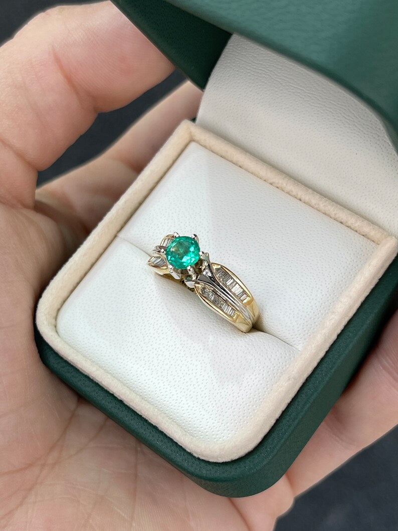 Eternal Radiance: 14K Two-Toned Gold Ring with 0.85tcw Vivid Green Round Cut Emerald & Tapered Baguette Diamonds - A Timeless Beauty