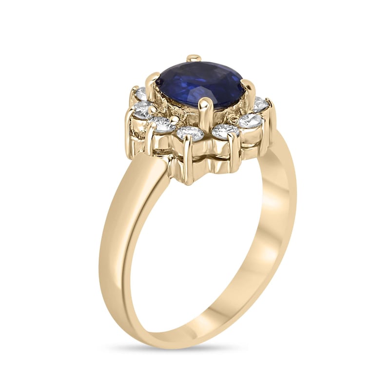 Real Blue Sapphire & Diamond Halo Ring in 14K Gold - 1.36tcw