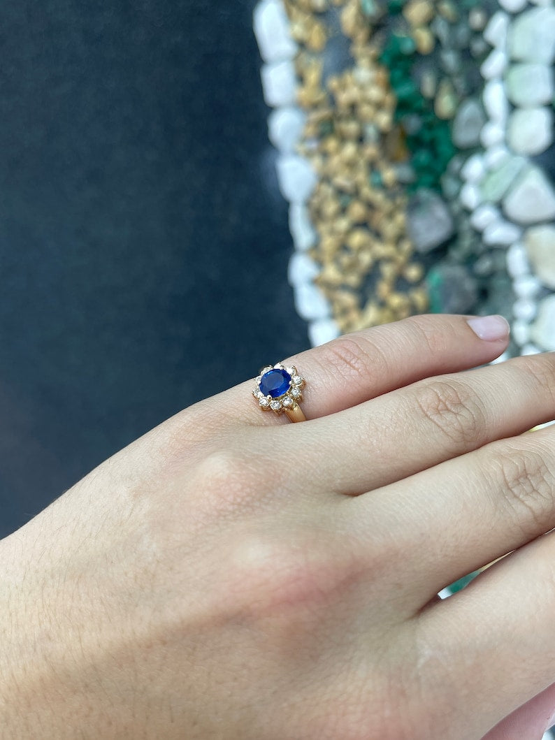 Genuine Sapphire and Diamond Halo Ring in 14K Gold (1.36tcw) - Real Blue Beauty