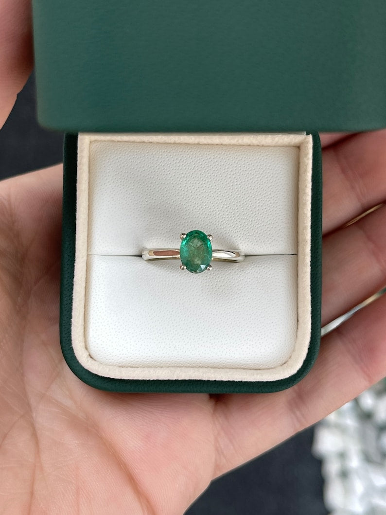 1.0ct SS Natural Medium Dark Green Emerald Oval Cut Sterling Silver 4 Prong Solitaire Ring