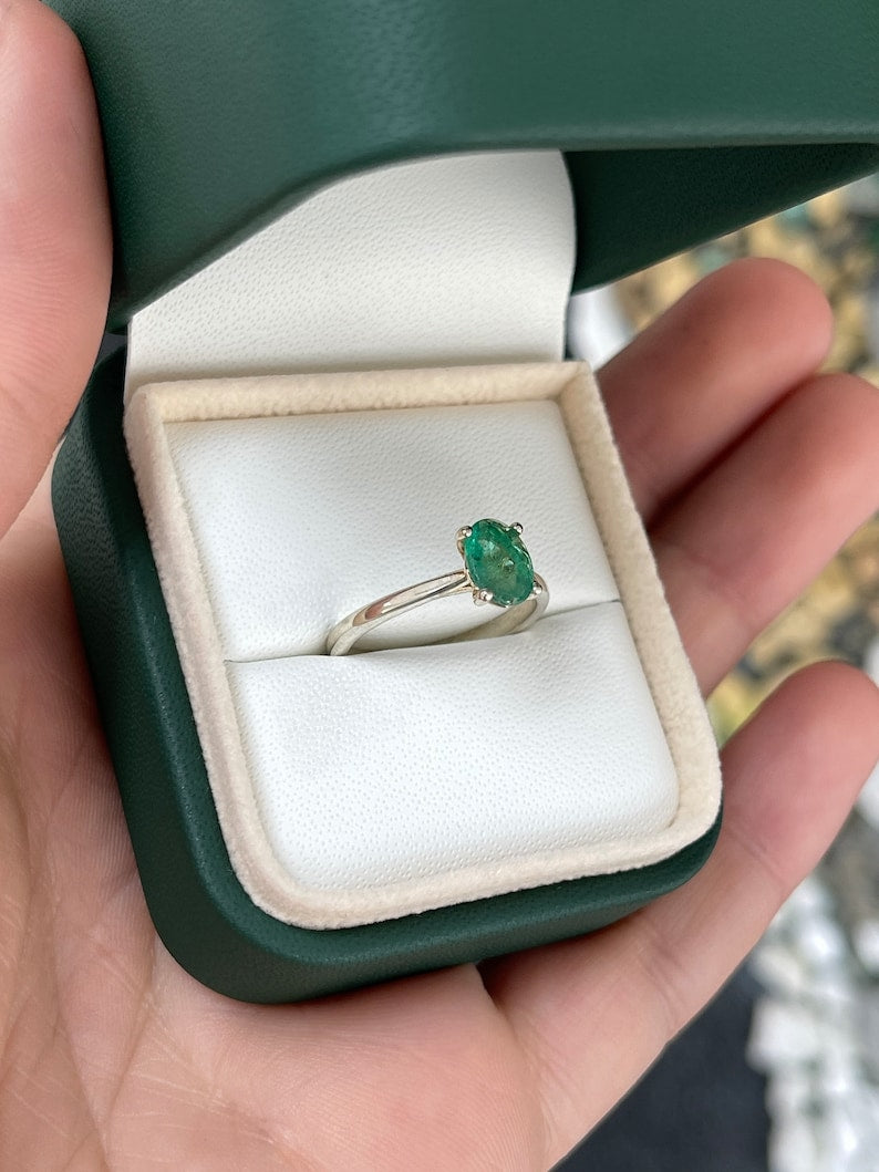 1.0ct SS Natural Medium Dark Green Emerald Oval Cut Sterling Silver 4 Prong Solitaire Ring