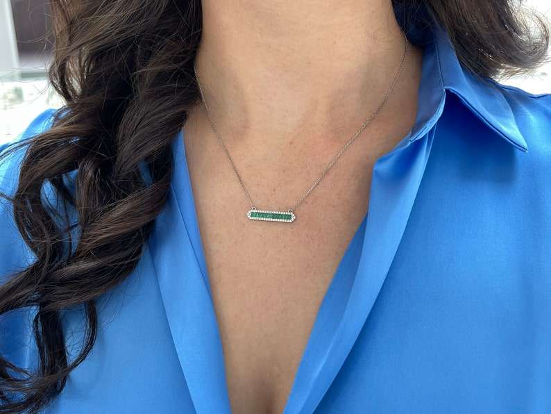 1.02tcw Baguette Emerald Cut & Diamond Halo Bar Necklace 14K White Gol