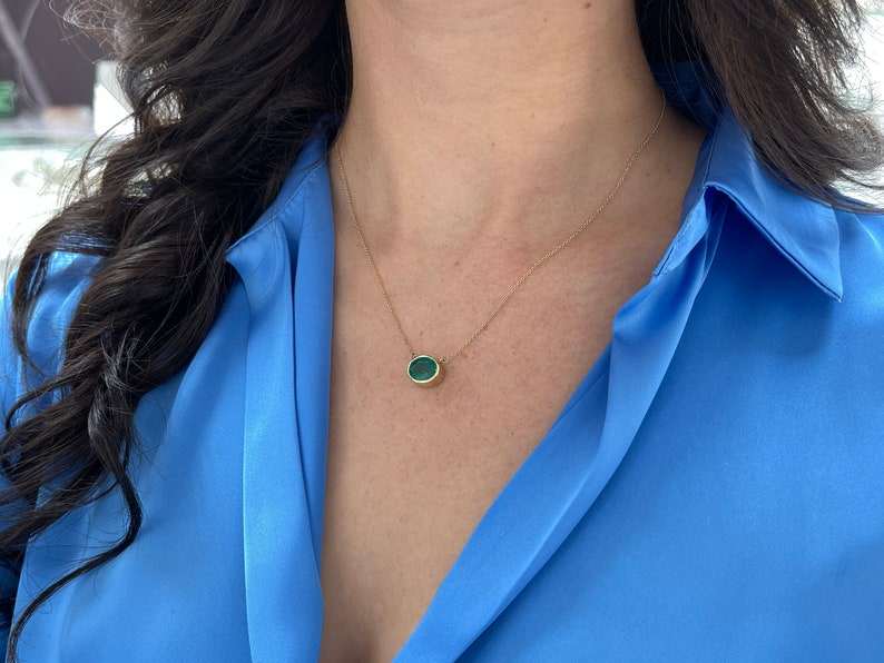3.20ct 14K Deep Rich Green Emerald Oval Cut East to West Pendant Necklace - JR Colombian Emeralds