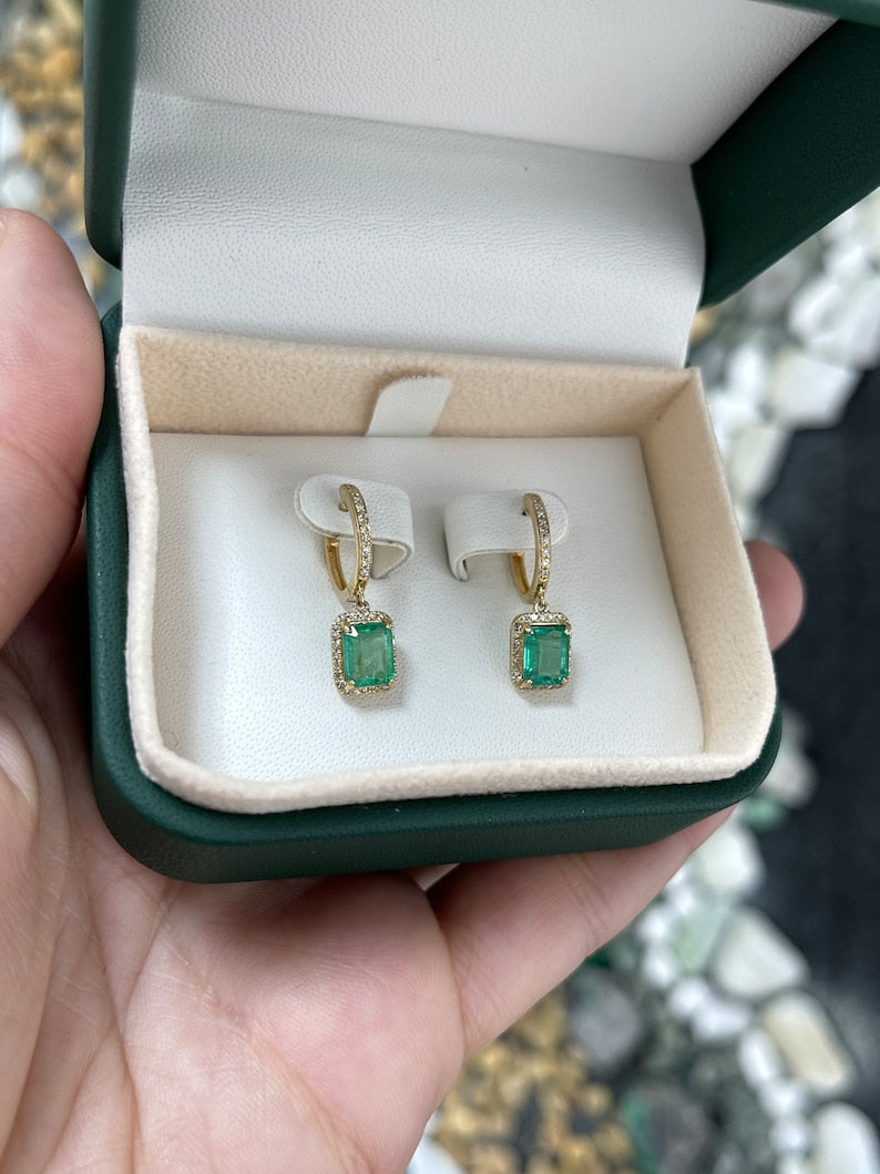 Dazzling 2.63 Carat Emerald and Diamond Earrings in 14K Gold with a North-South Drop Style