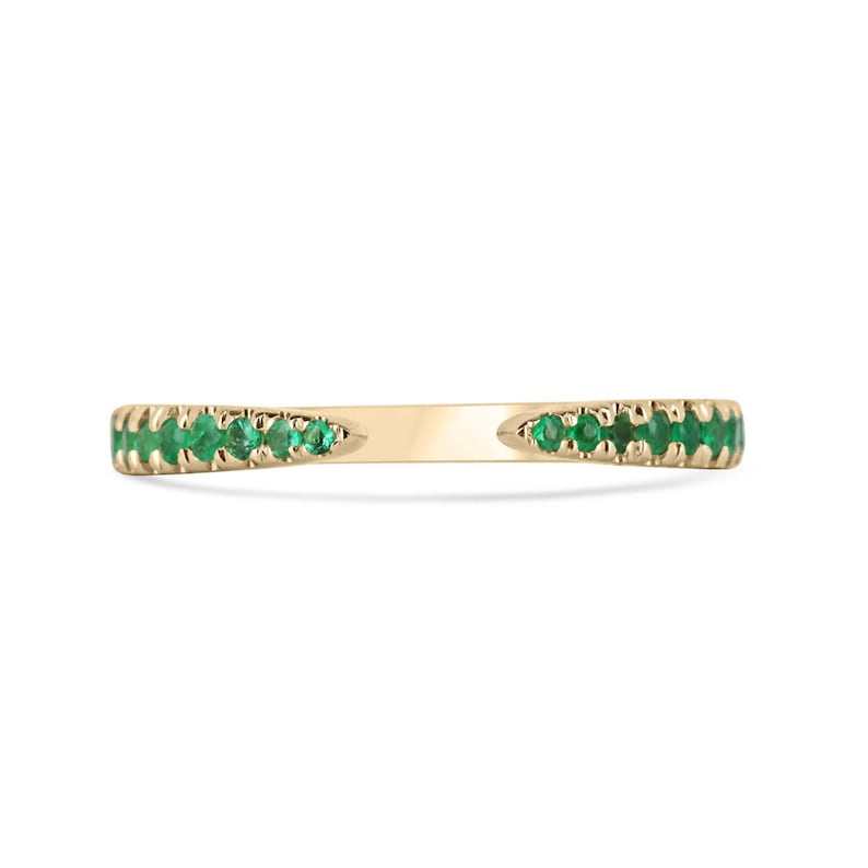 0.40tcw natural emerald round cut French-set ultra stackable wedding band in 14K gold
