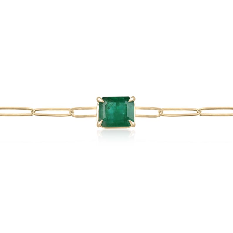 2.68 Carat 14K Solitaire Bracelet with Natural Emerald Cut Gemstone in a Luxurious Dark Green Shade and Paperclip Design