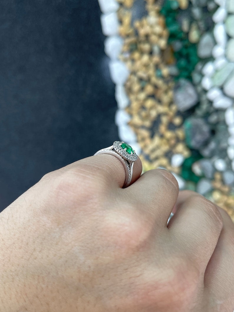 1.45tcw 14K Round Vivid Yellowish-Green Emerald & Diamond Accent 6 Prong Ring - JR Colombian Emeralds