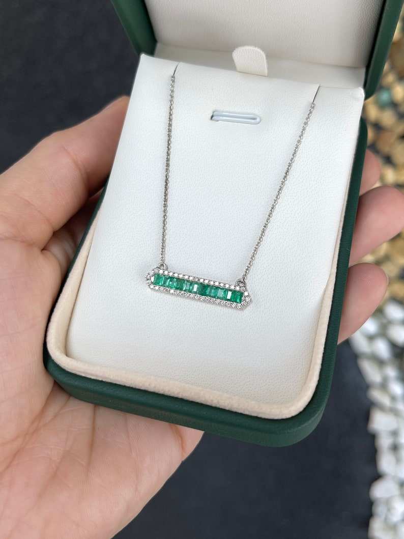 1.02tcw Baguette Emerald Cut & Diamond Halo Bar Necklace 14K White Gol
