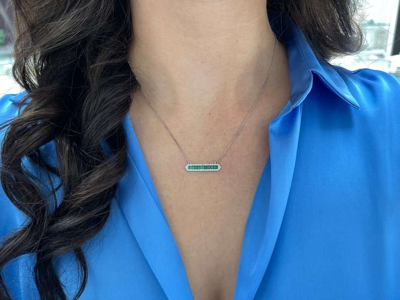 1.02tcw Baguette Emerald Cut & Diamond Halo Bar Necklace 14K White Gol