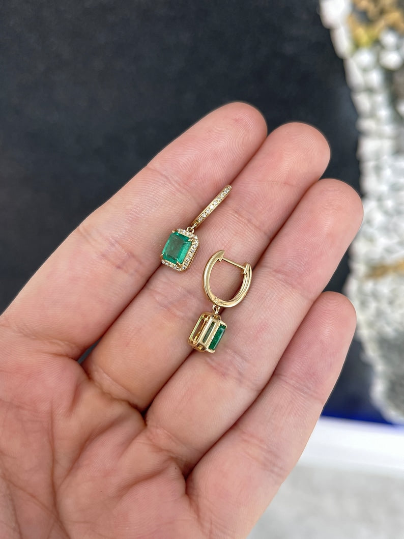 2.63tcw 14K Gold Green North South Emerald & Diamond Halo Dangle Earrings