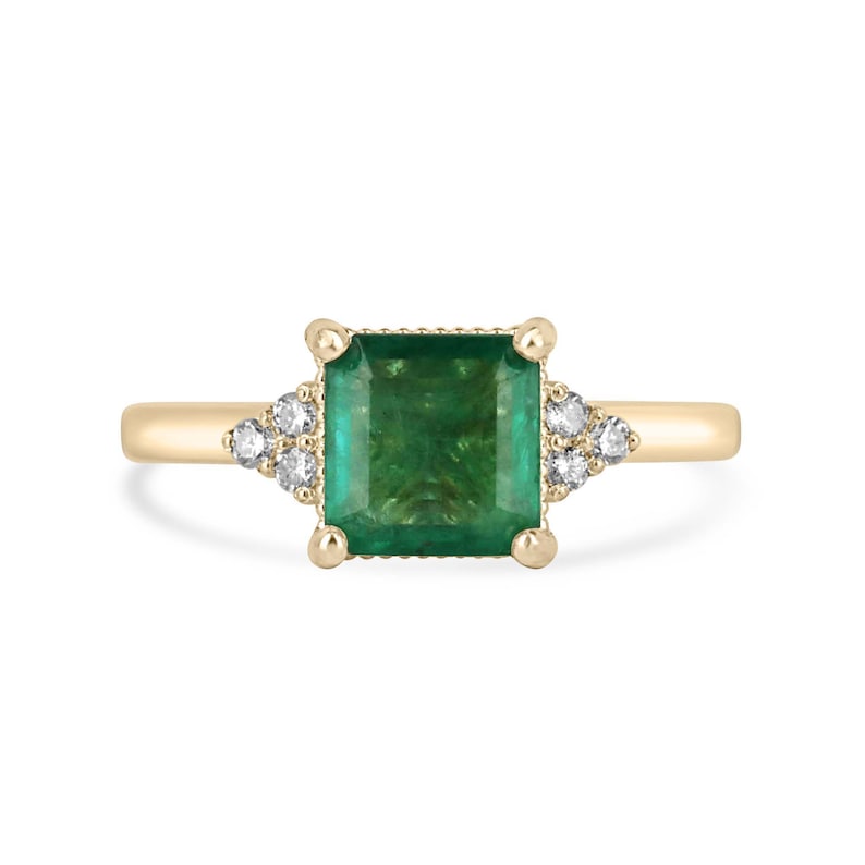 14K Gold Engagement Ring with 1.92 Total Carat Weight Asscher Cut Emerald and Diamond Cluster