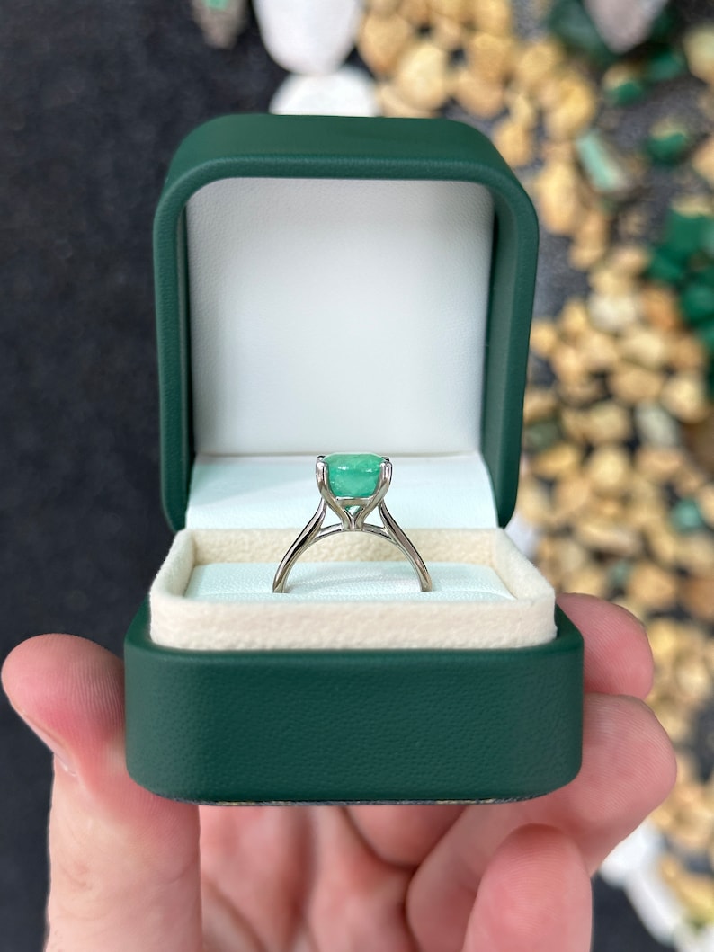 4.0ct 14K White Gold Vivacious Green Cushion Cut Emerald Solitaire 4 Prong Engagement Ring - JR Colombian Emeralds