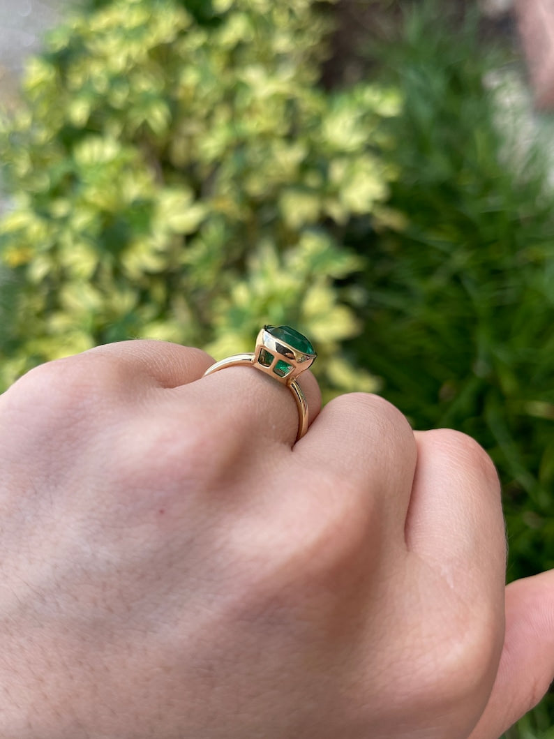 4.05ct 14K AAA Forest Green Cushion Cut Emerald 8 Window Bezel Solitaire Engagement Ring - JR Colombian Emeralds