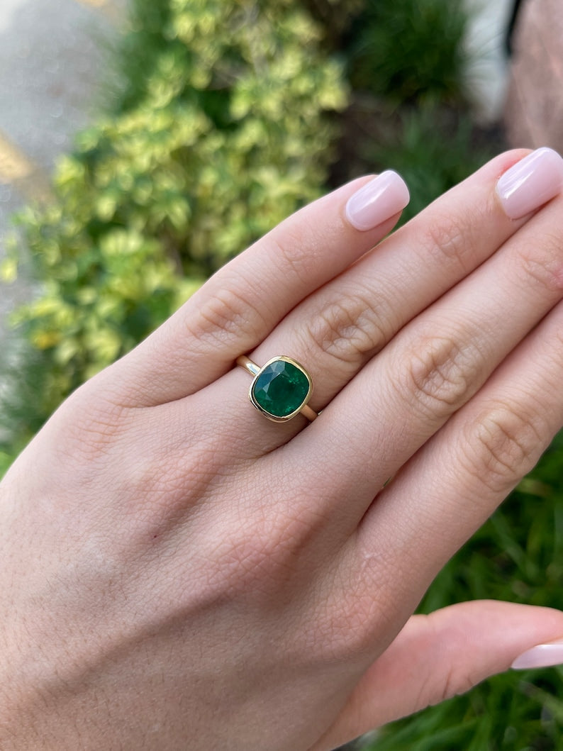 4.05ct 14K AAA Forest Green Cushion Cut Emerald 8 Window Bezel Solitaire Engagement Ring - JR Colombian Emeralds