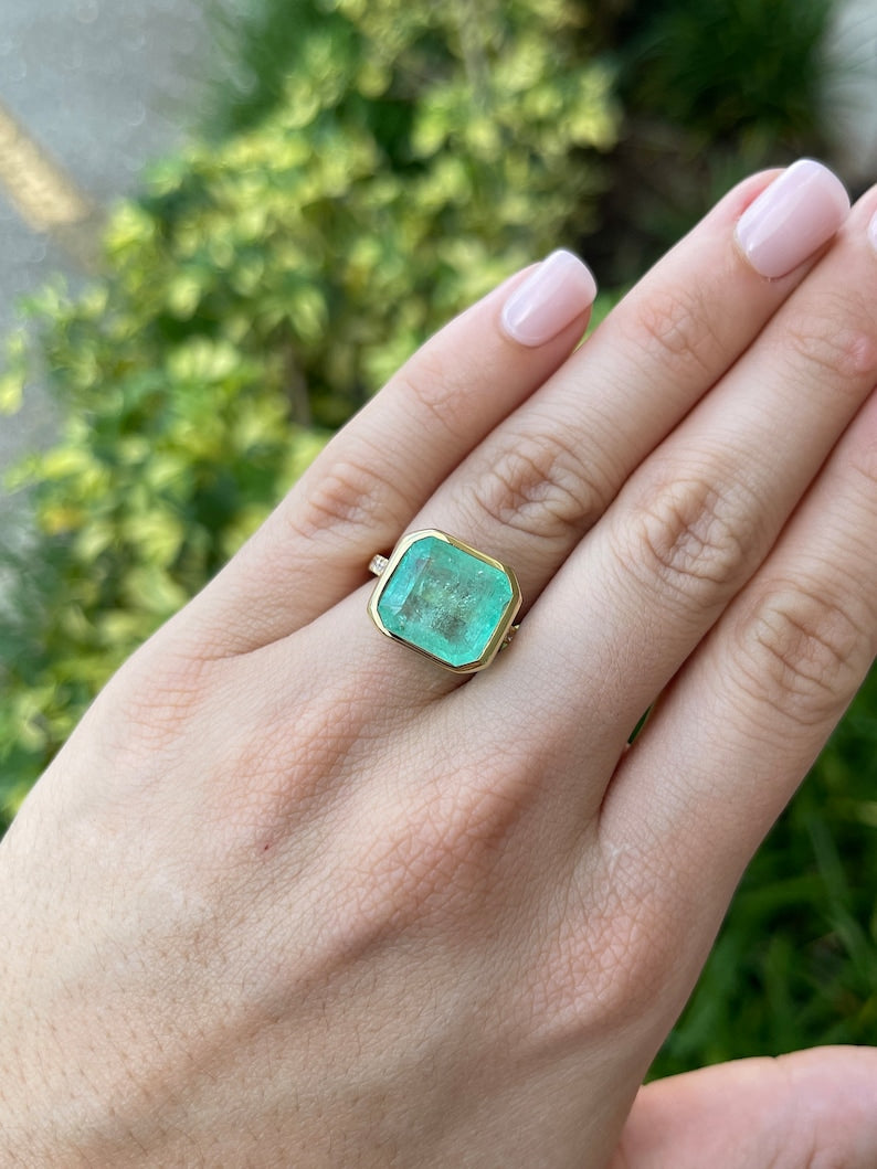 8.04tcw 18K Gold Spring Large Light Green Brilliant Round Cut Emerald Diamond Shank Accent Ring - JR Colombian Emeralds