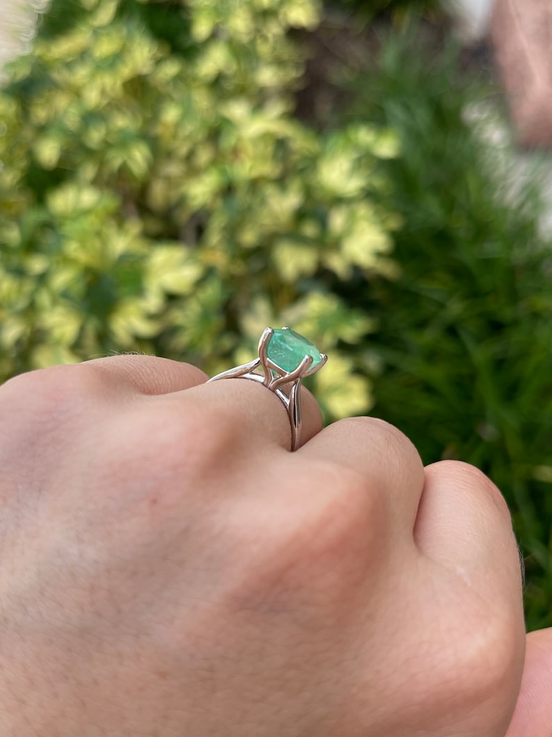 4.0ct 14K White Gold Vivacious Green Cushion Cut Emerald Solitaire 4 Prong Engagement Ring - JR Colombian Emeralds