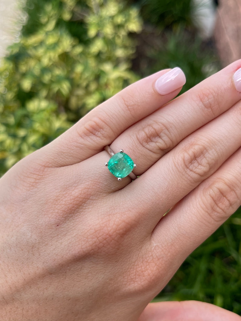 4.0ct 14K White Gold Vivacious Green Cushion Cut Emerald Solitaire 4 Prong Engagement Ring - JR Colombian Emeralds