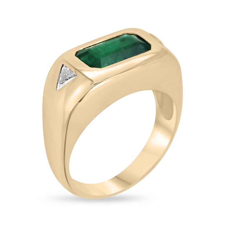 East to West Style: 3.75tcw Chunky Gold Ring with Emerald & Diamond Trillions
