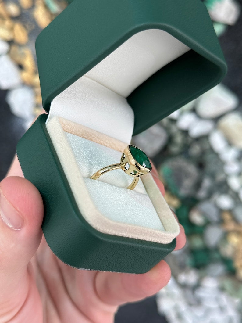 AAA Quality Forest Green Emerald Ring - 4.05ct Solitaire in 14K Gold