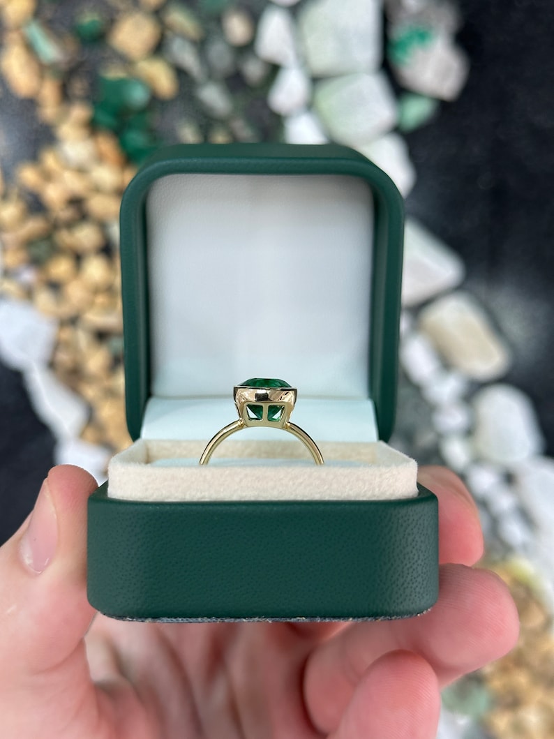 4.05ct 14K AAA Forest Green Cushion Cut Emerald 8 Window Bezel Solitaire Engagement Ring - JR Colombian Emeralds