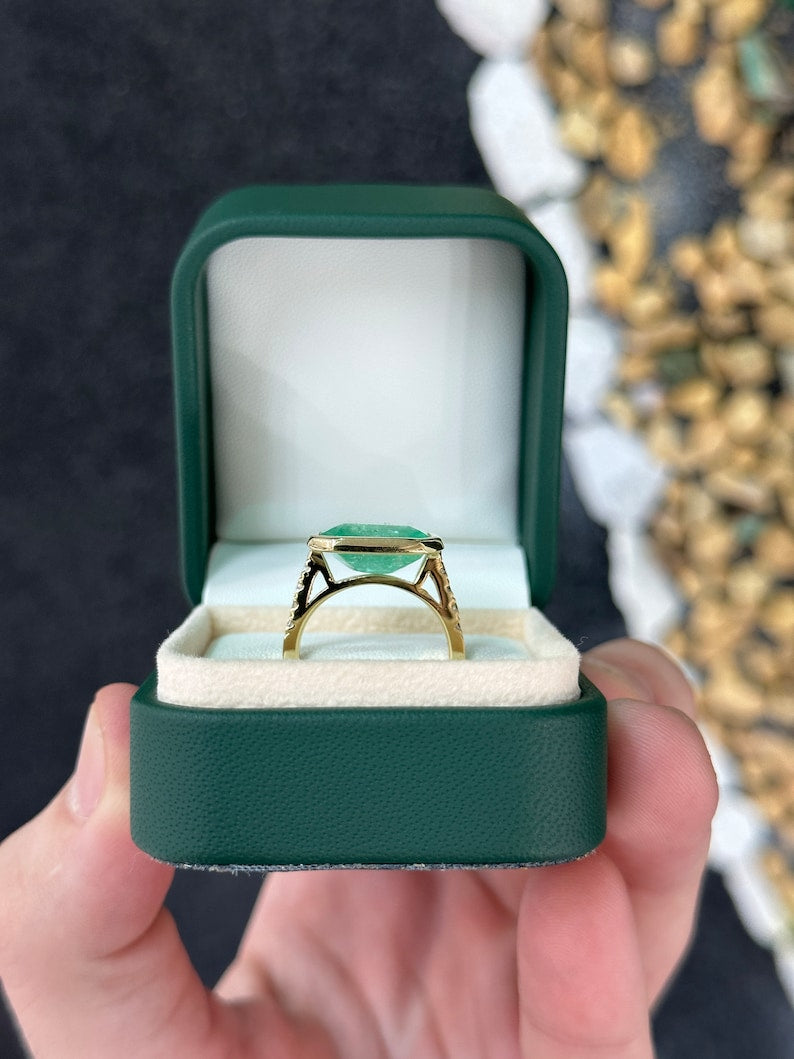 8.04tcw 18K Gold Spring Large Light Green Brilliant Round Cut Emerald Diamond Shank Accent Ring - JR Colombian Emeralds