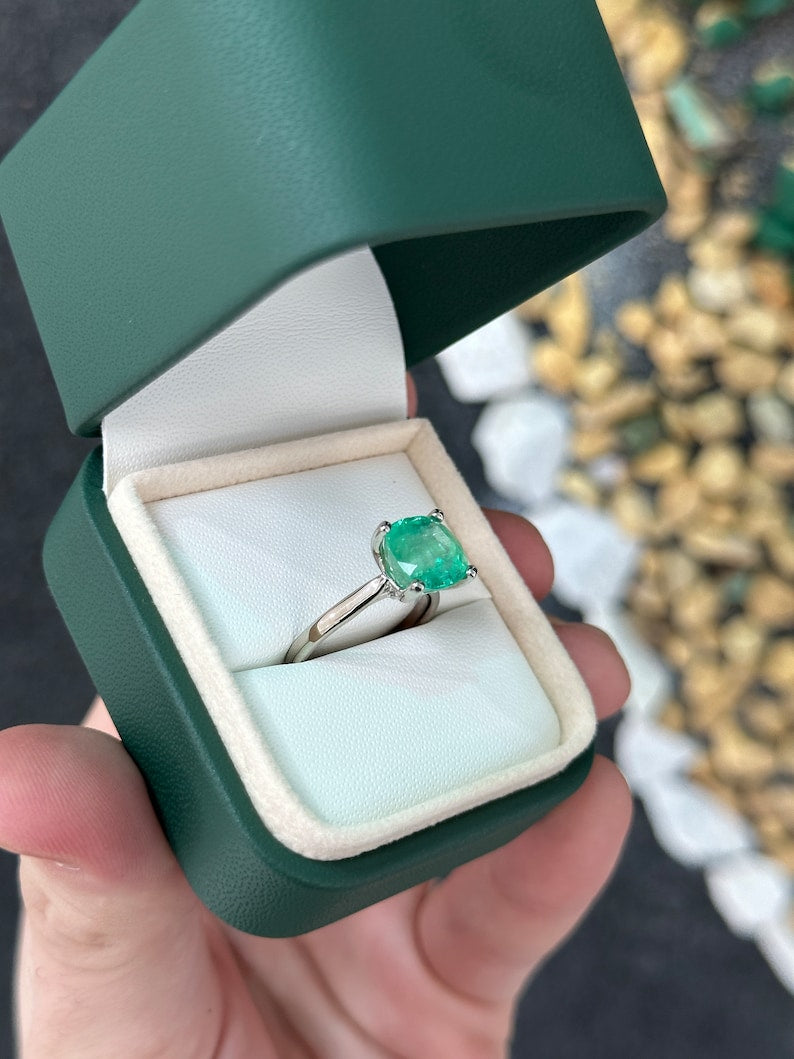 Vibrant Green 4.0 Carat Cushion Cut Emerald Ring in 14K White Gold for Engagement