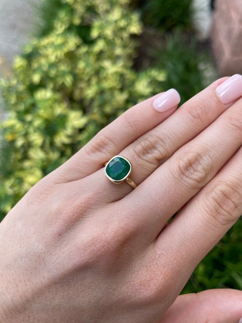 4.05ct 14K AAA Forest Green Cushion Cut Emerald 8 Window Bezel Solitaire Engagement Ring - JR Colombian Emeralds
