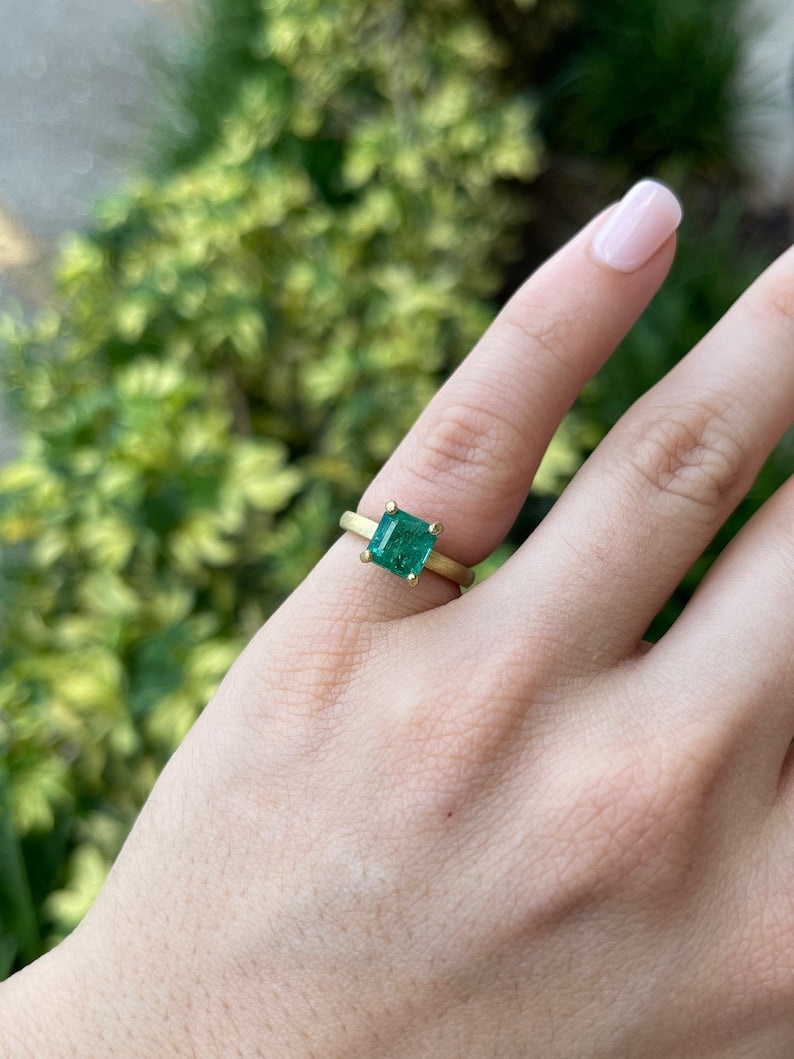 2.10ct 18K Medium Green Asscher Cut Emerald Solitaire 4 Prong Gold Statement Engagement Ring - JR Colombian Emeralds