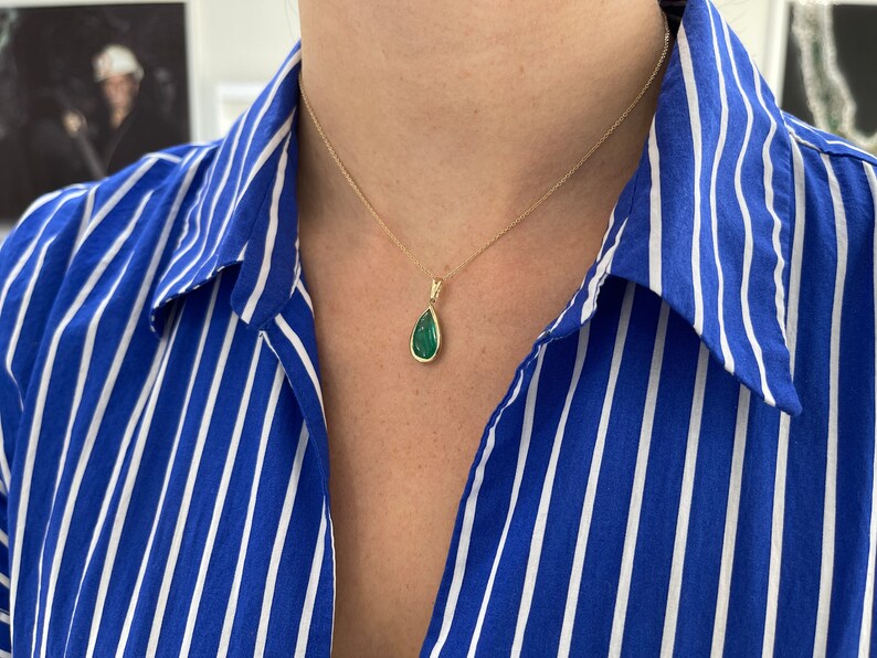 4.01ct 14K 585 Yellow Gold Natural Open Back Bezel Set Pear Shaped Cabochon Cut Emerald Pendant Necklace - JR Colombian Emeralds