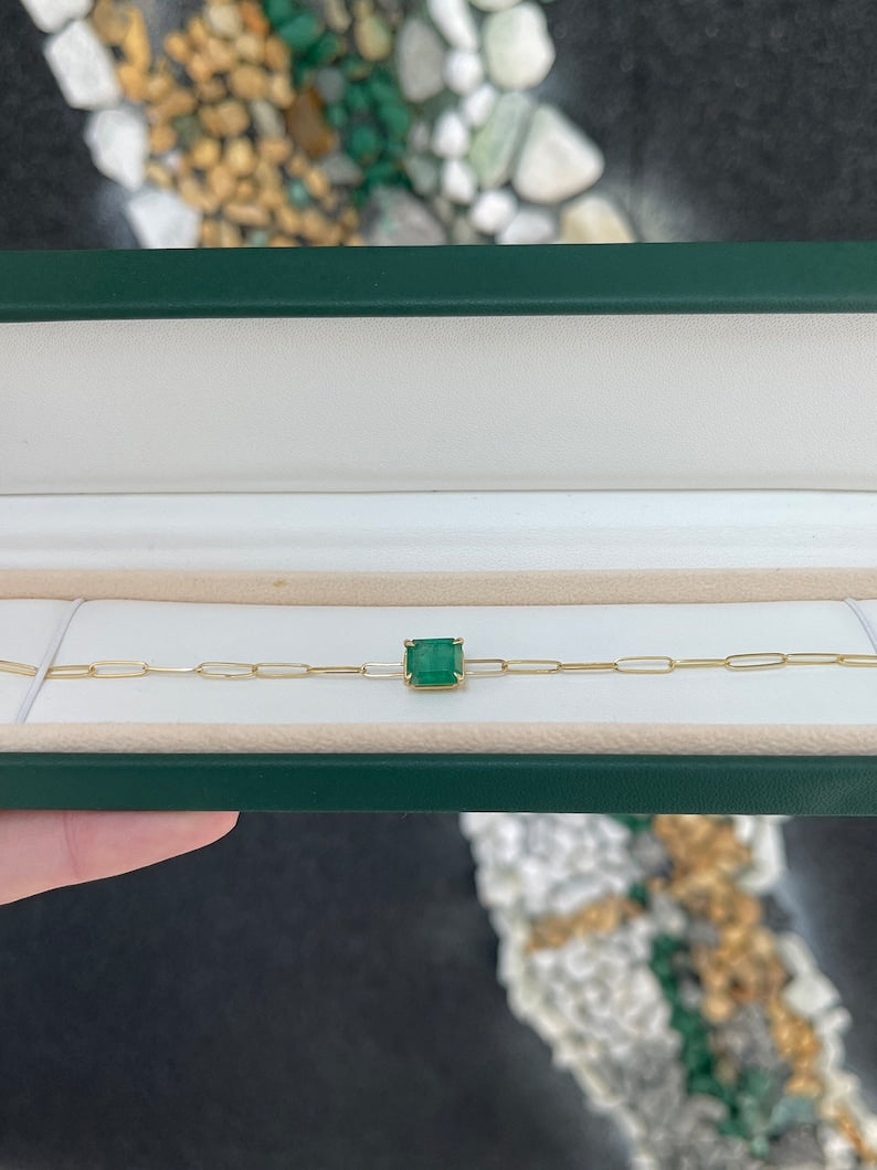 2.68ct 14K Natural Emerald Cut Solitaire Paperclip Lush Dark Green 4 Claw Prong Set East to West Bracelet - JR Colombian Emeralds