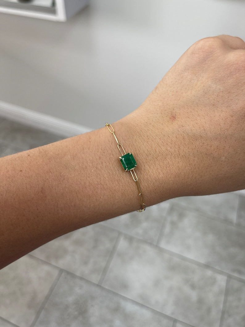 Luxurious 4-Prong Set Solitaire Bracelet with 2.68ct Natural Emerald Cut Gemstone in 14K Gold and Striking Dark Green Shade