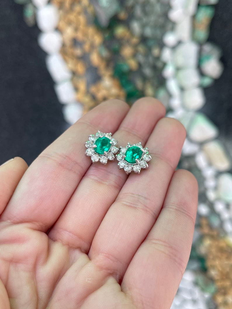 Vivid Green Emerald and Diamond Floral Halo Stud Earrings - 14K Gold, 5.0tcw