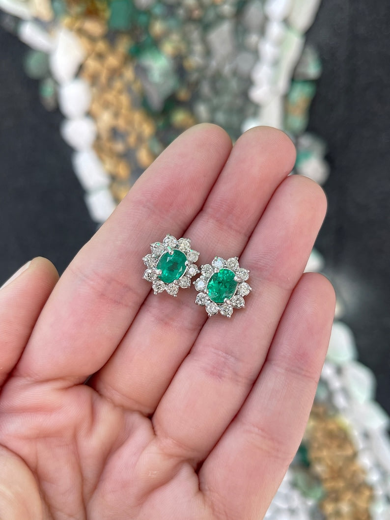 14K Gold Oval Emerald Studs with Brilliant Round Diamond Halo - 5.0tcw