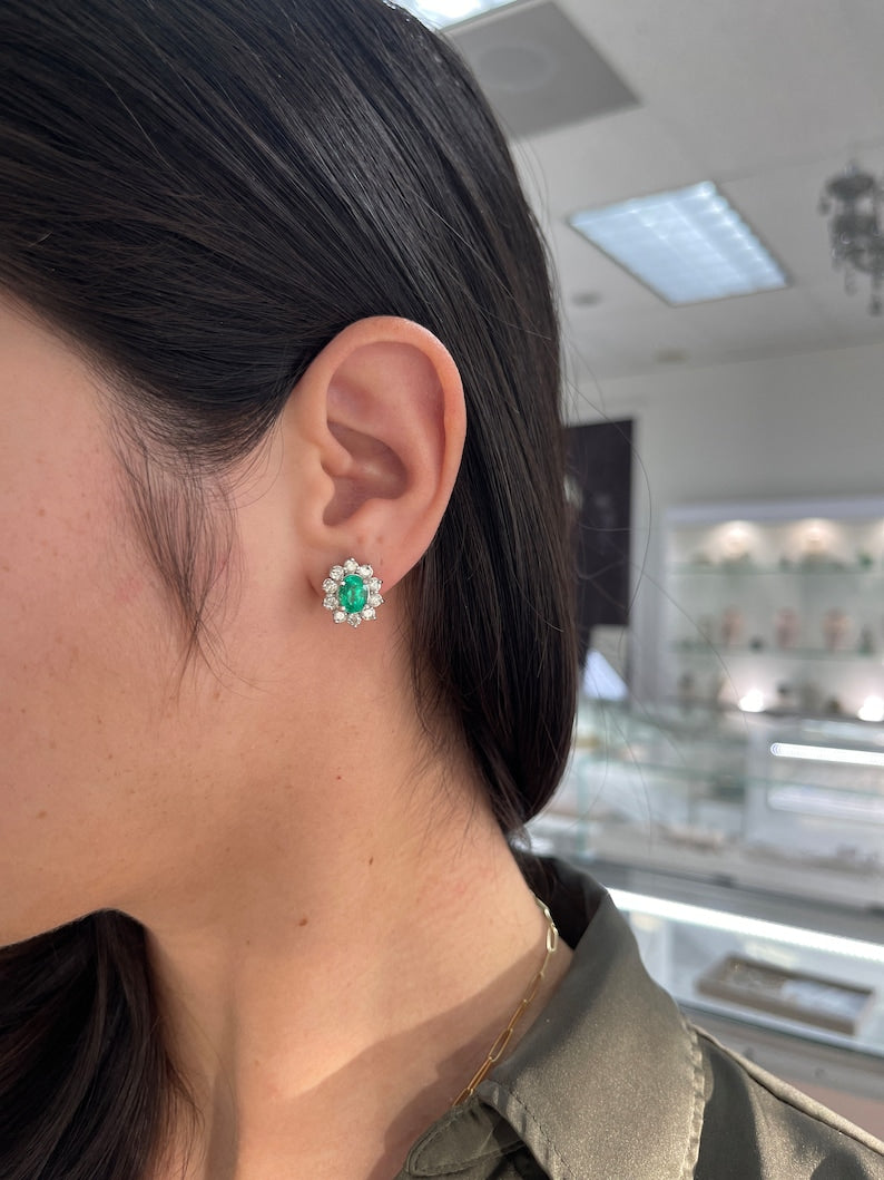 5.0tcw 14K Vivid Rich Green Emerald Oval & Brilliant Floral Round Diamond Halo Stud Earrings - JR Colombian Emeralds