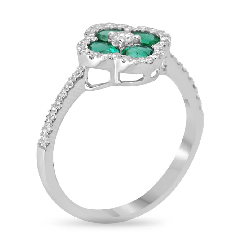 Vivid Green Oval Emerald & Diamond Floral Halo Ring in 14K White Gold