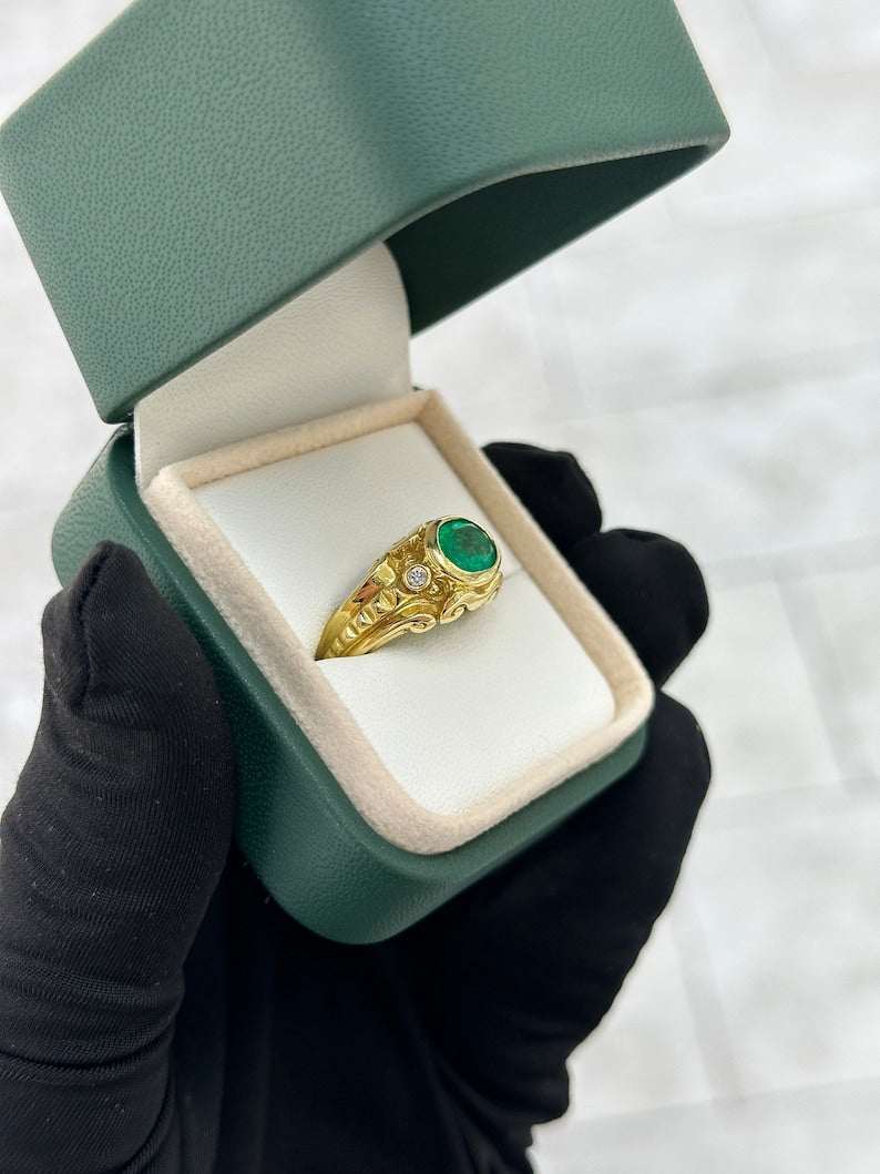 1.05tcw 18K Antique Natural Rich Green Emerald & Brilliant Round Diamond 3 Stone Ring 750 Gold