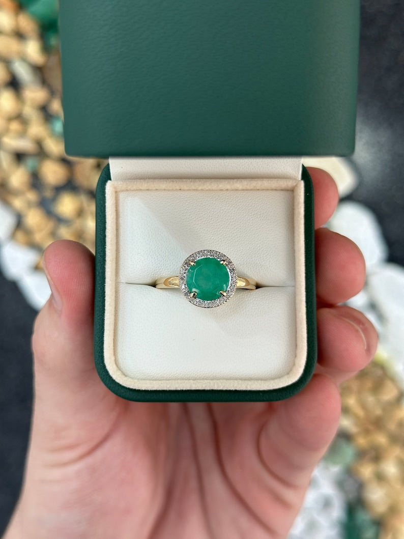 2.80tcw 14K Gold Round Cut Medium Green Emerald & Diamond Halo Right Hand Ring - JR Colombian Emeralds