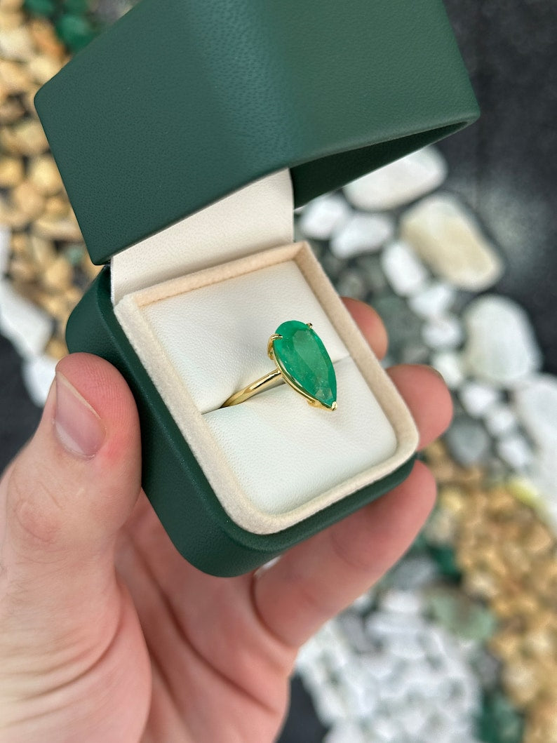 6.28ct 18K Natural Large Rare Pear Cut 750 Claw 3-Prong Set Emerald Solitaire Right Hand Gold Ring - JR Colombian Emeralds