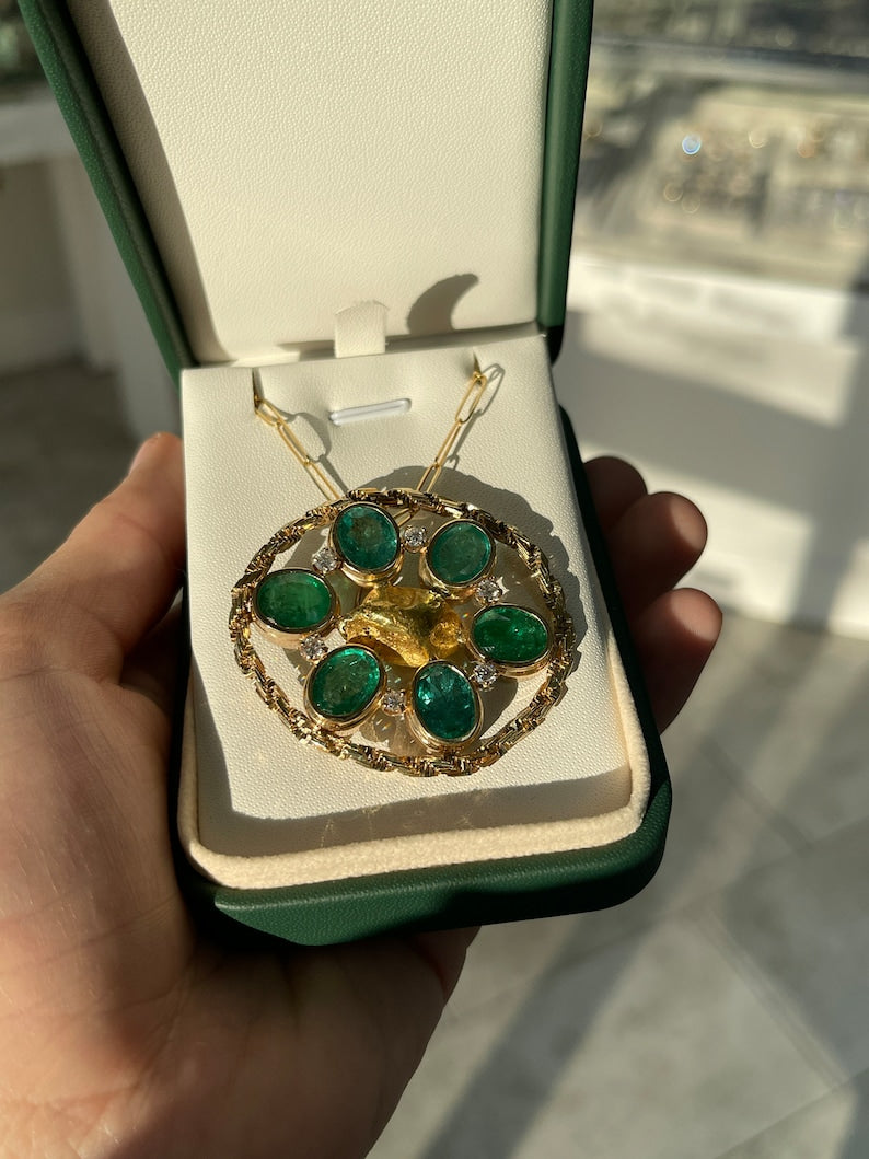 Unique 15.84tcw Emerald and Diamond Brooch Necklaces in 14K Gold Nugget Style - Natural Medium Rich Green Gems