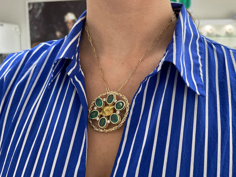 15.84tcw 14K Nugget Centerpiece Natural Medium Rich Green Oval Emerald & Round Diamond Brooch Necklaces - JR Colombian Emeralds