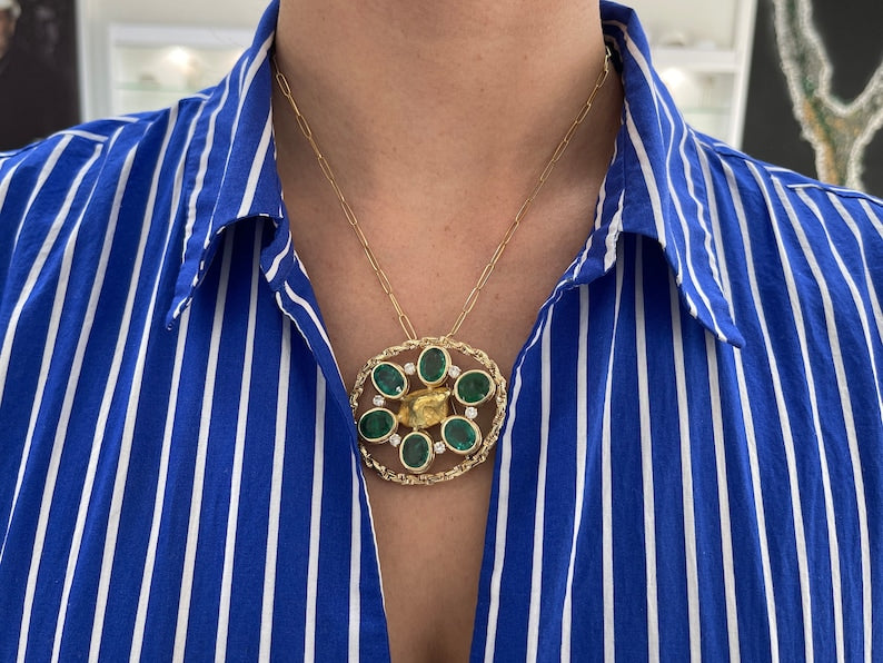 Elegant 14K Gold Necklaces with 15.84tcw Oval Emerald & Round Diamond Centerpiece in a Nugget-inspired Design