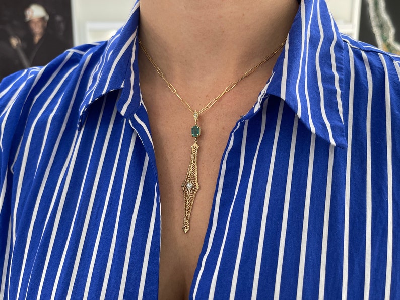 1.48tcw 14K Natural Green Emerald & Diamond Accent Edwardian 1910s Vintage-Inspired Pendant Necklace - JR Colombian Emeralds