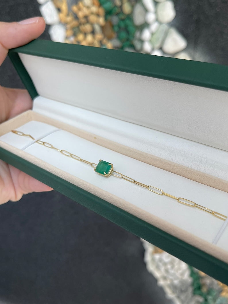 2.68ct 14K Natural Emerald Cut Solitaire Paperclip Lush Dark Green 4 Claw Prong Set East to West Bracelet - JR Colombian Emeralds