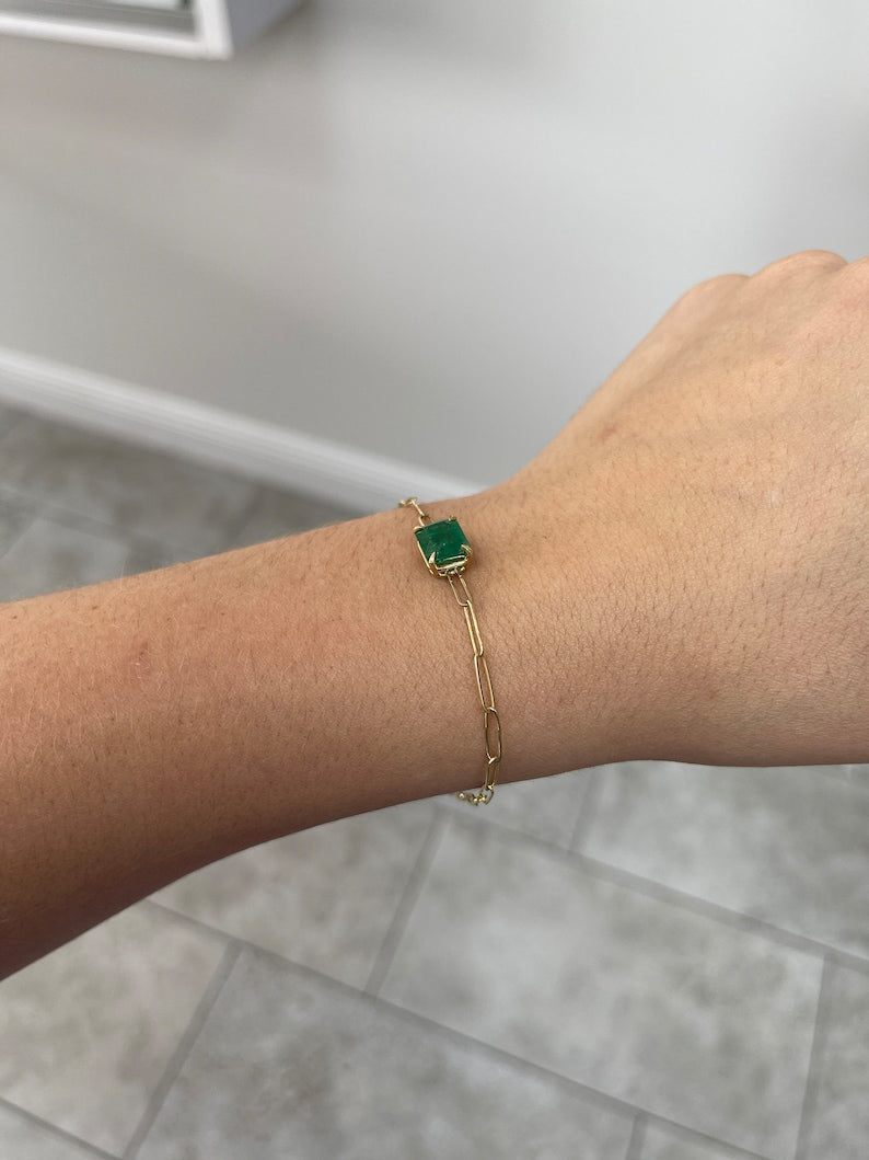2.68ct 14K Natural Emerald Cut Solitaire Paperclip Lush Dark Green 4 Claw Prong Set East to West Bracelet - JR Colombian Emeralds